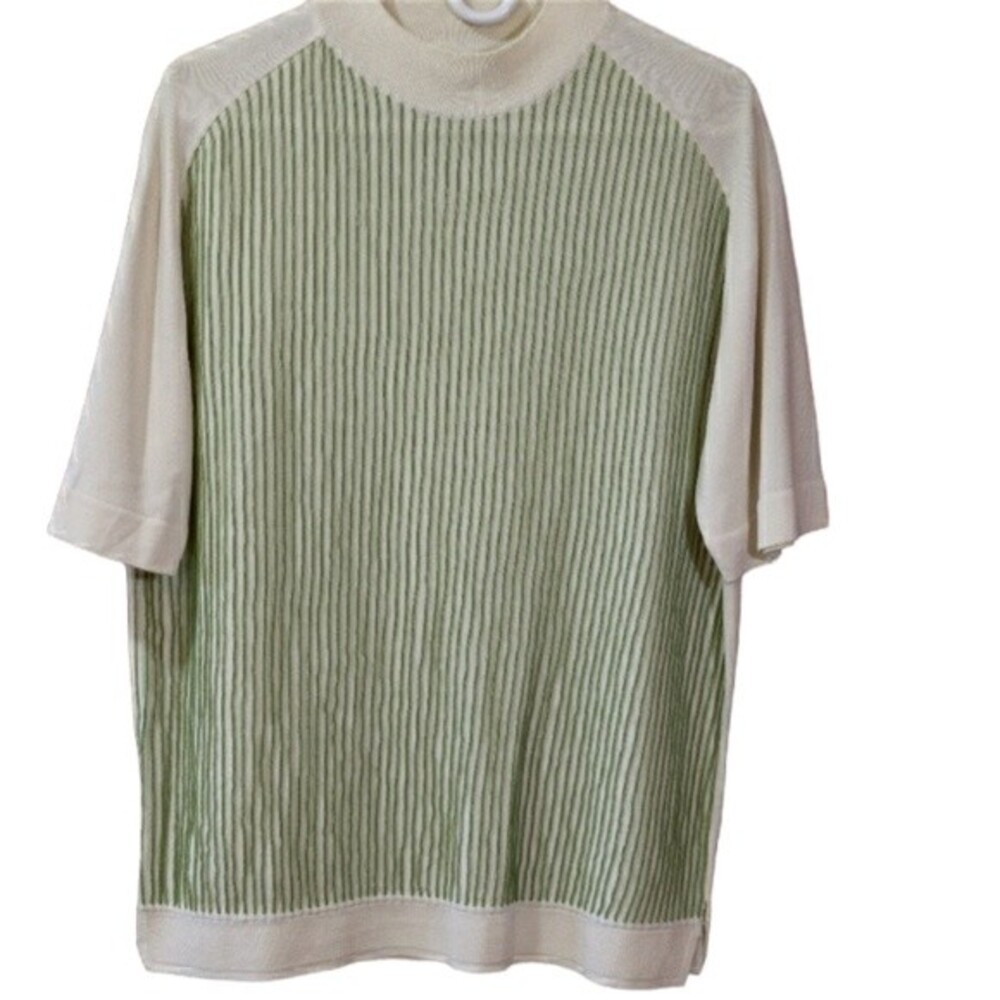 Trend Marshall Fields Vintage Cream & Green Striped Short Sleeve Shirt Top Blous